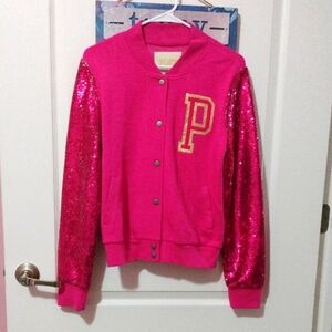PINK Victoria's Secret Pink Varsity Jacket with Sequin Sleeves